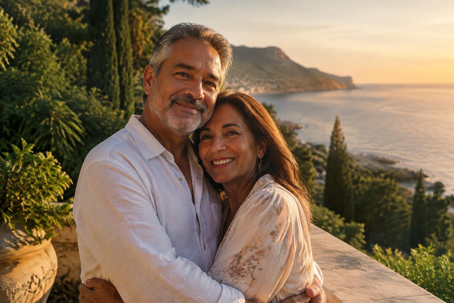 Pareja abrazada al atardecer